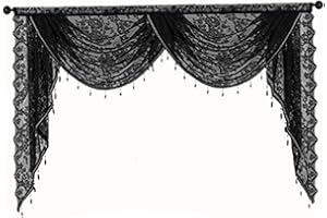 Waterfall Valance with Bead Tassels 59x41 Vintage Floral Black Lace Curtains Semi Sheer Rod Pocket Gothic Curtain for Hallowe