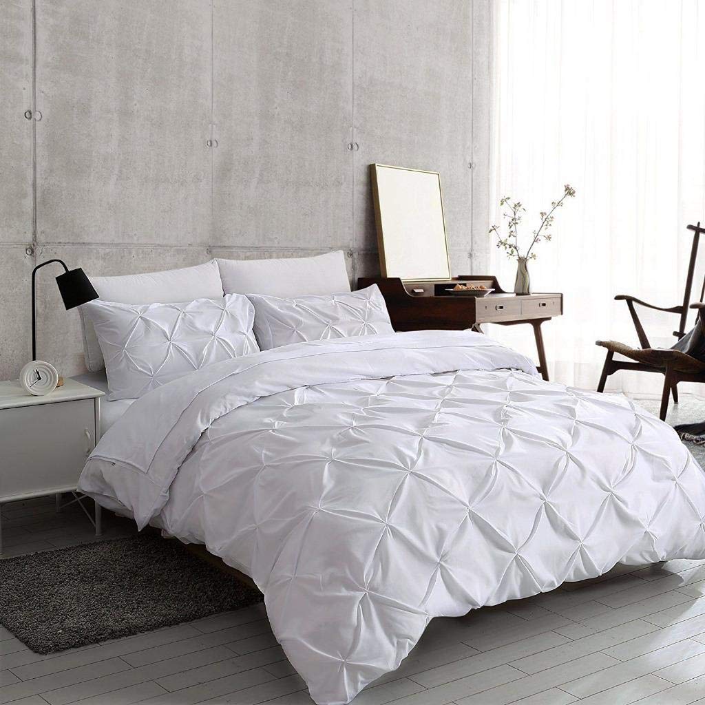 Easy Wash Breathable Luxury Polycotton Pinch Pleat Pintuck Diamond Design Quilt Duvet Cover Set with Pillowcases - White Double