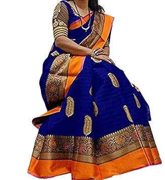 Women's khadi Silk saree with blouse material(Blue)