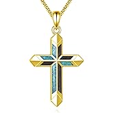 YFN Turquoise and Wood Cross Pendant Necklace, S925 Sterling Silver, Black Religious Jewelry for Men Women Chain 22+2"