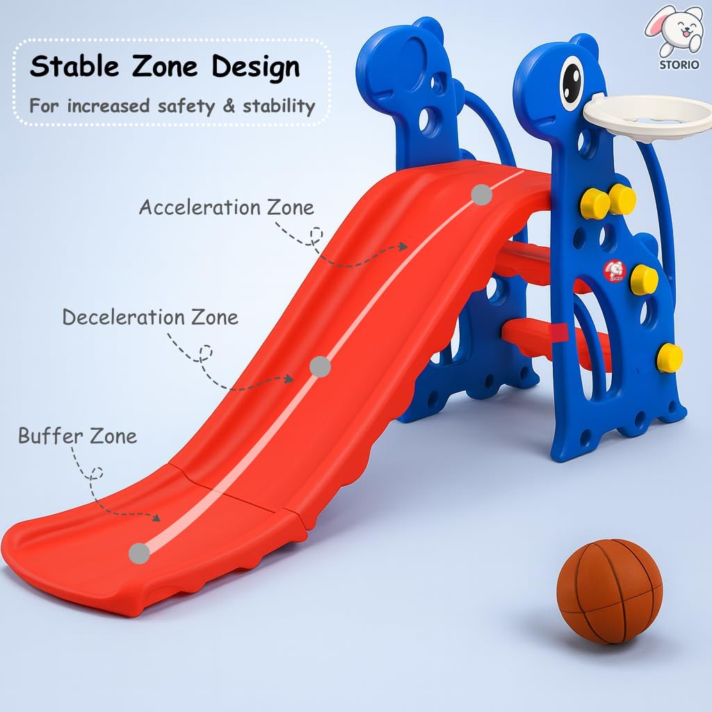 Storio Kids Slide with Basketball Hoop Giraffe Themed Indoor & Outdoor Slide for Kids Ages 2-4 | RED & Blue | Safe, Sturdy & Fun Playset | Easy Assembly Toddler Slide for Boys & Girls 4