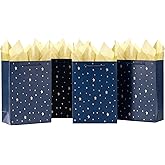 SHIPKEY Gift Bags, 10 Pack Navy Blue with Gold Foil Stars, Kraft Paper Bags with Handles, Bulk for Men, Groomsmen, Christmas Gifts, 8x4x11inch, Includes Tissue Paper