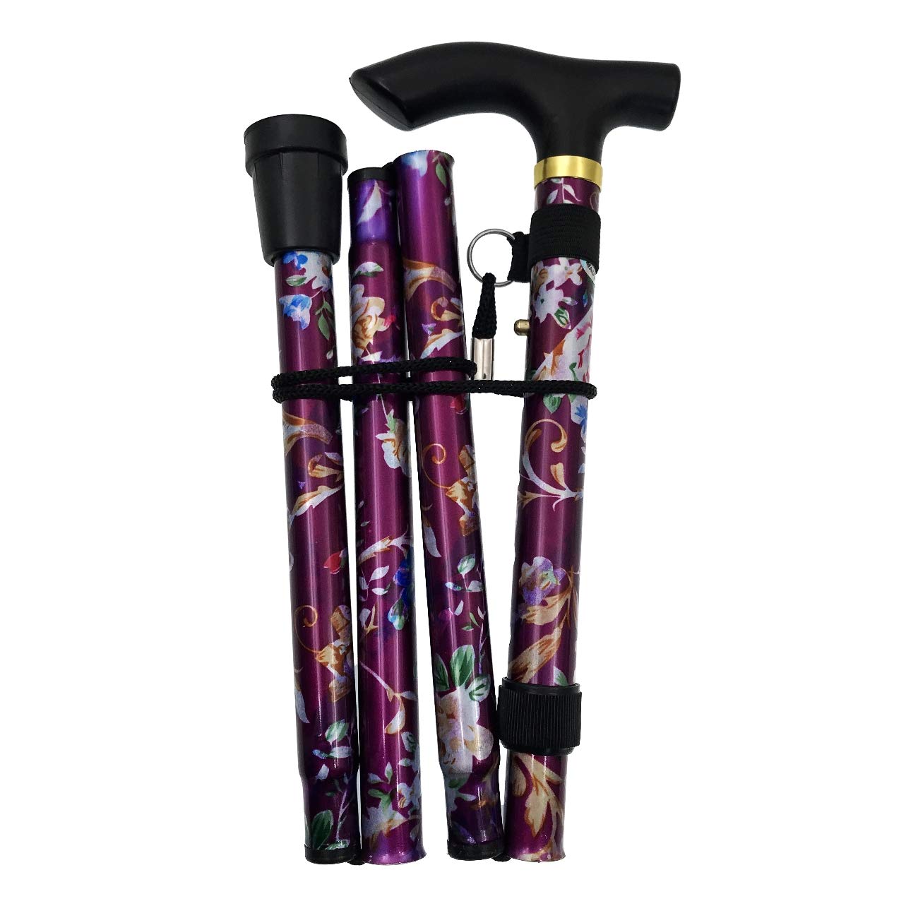 JZK Folding walking stick purple floral extendable folding walking cane height adjustable with wrist strap and rubber ferrule for home and travel