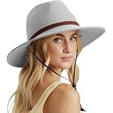 DRESHOW Womens Summer Straw Sun Hat Wide Brim Bucket Hats Fedora Hat Panama Beach Hat with Chin Strap UPF 50+