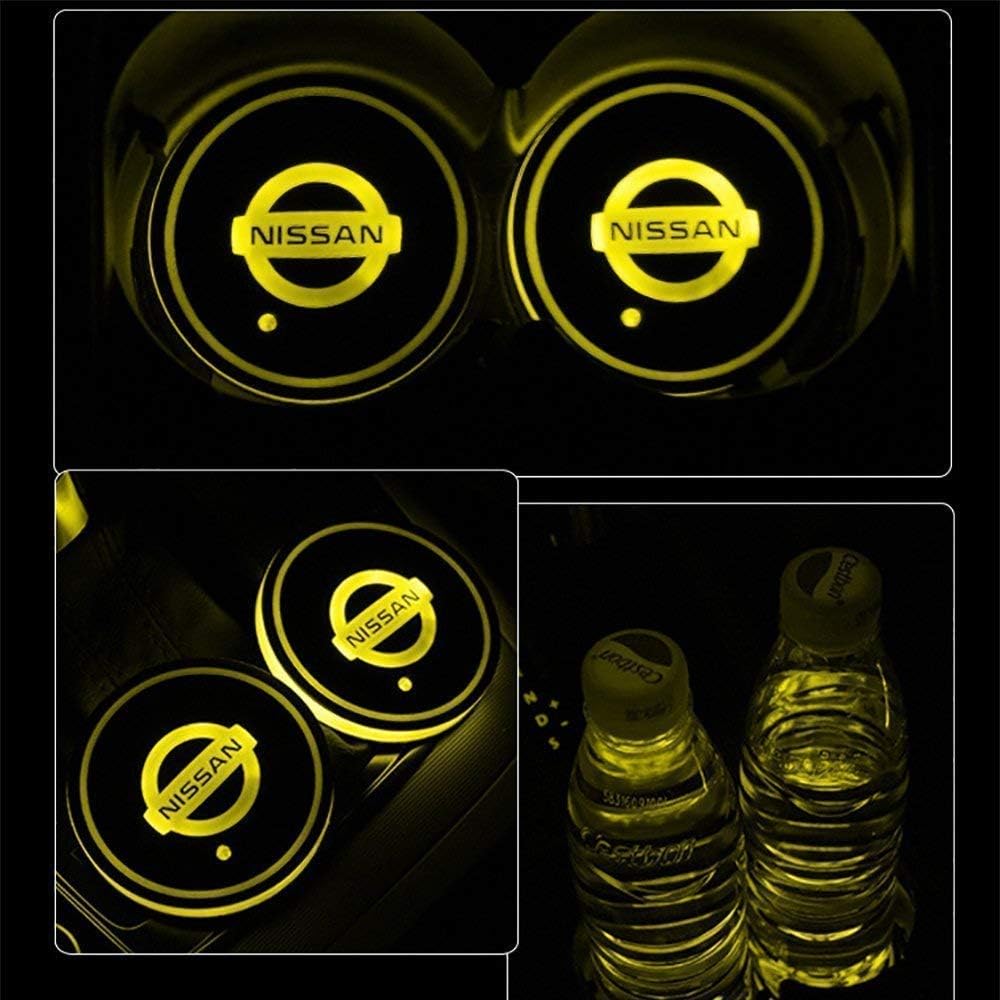 ATlife LED Car Logo Cup Holder Pad Waterproof Bottle Drinks Coaster Built-in Light 7 Colors Changing USB Charging Mat Auto LED Cup Mat Car Atmosphere Lamp 2PCS (for Nissan)
