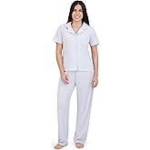 Aerosoles Women's Ribbed Notch Collar Cozy Pjs 2 Piece Cozy Comfy Soft Lounge Cotton Sleepwear Button-up Pajama Set, Halogen Blue, X-Large
