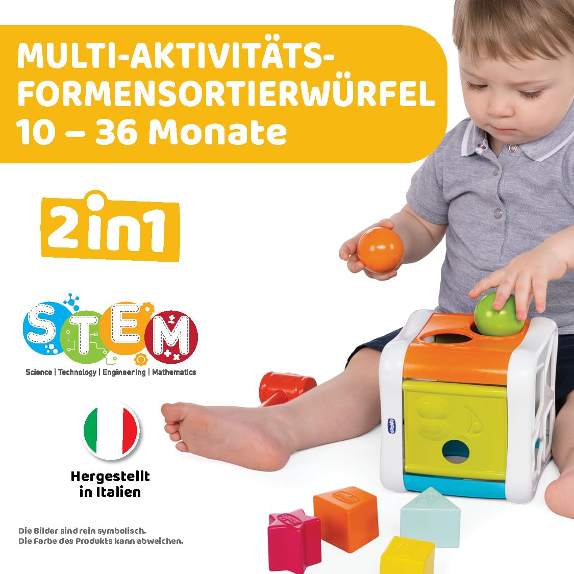 Chicco 2 IN 1 SORTIER & SCHLAGWÜRFEL, Sortieraktivität mit 4 Formen auf Zwei Würfelseiten mit Hammer für 2 Kugel, bunt, 10M+ 2