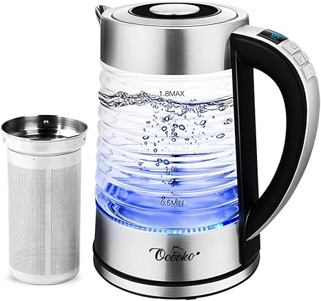 Amazon Com 1 8l Electric Glass Kettle 1500w Bpa Free Electric Tea Kettle With Adjustable Temperatures Cordless Glass Boiler 1 24h Keep Warm Auto Shut Off Fast Boiling Water Kettle With Blue Light Kitchen