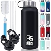 BOGI Insulated Water Bottle 32 oz, Double Wall Vacuum Stainless Steel Water Bottle with Straw and 3 Lids, Sweat-Proof Wide Mouth Metal Water Bottle Keeps Hot or Cold for Sports Gym Office (Black)