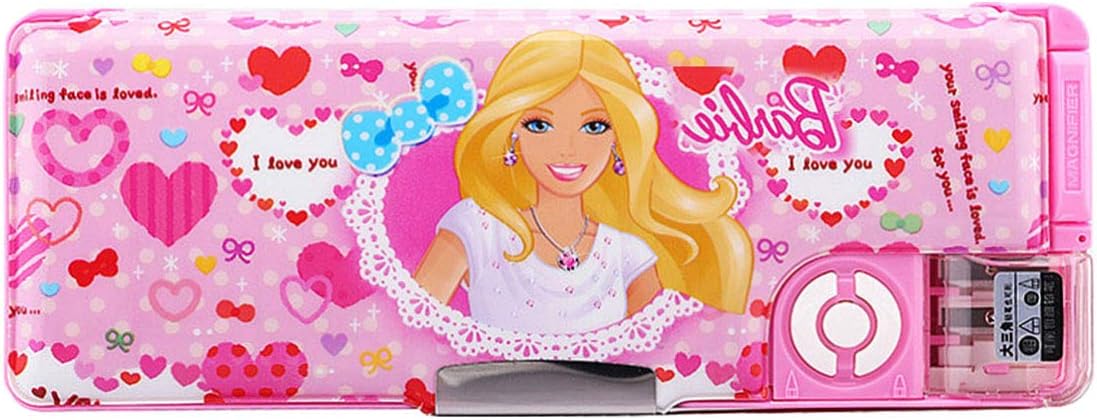 Queena Plastic Cartoon Pencil Case Multi-Function Large Capacity Double-Deck Pencil Sharpener Stationery Case for Girls in Pink