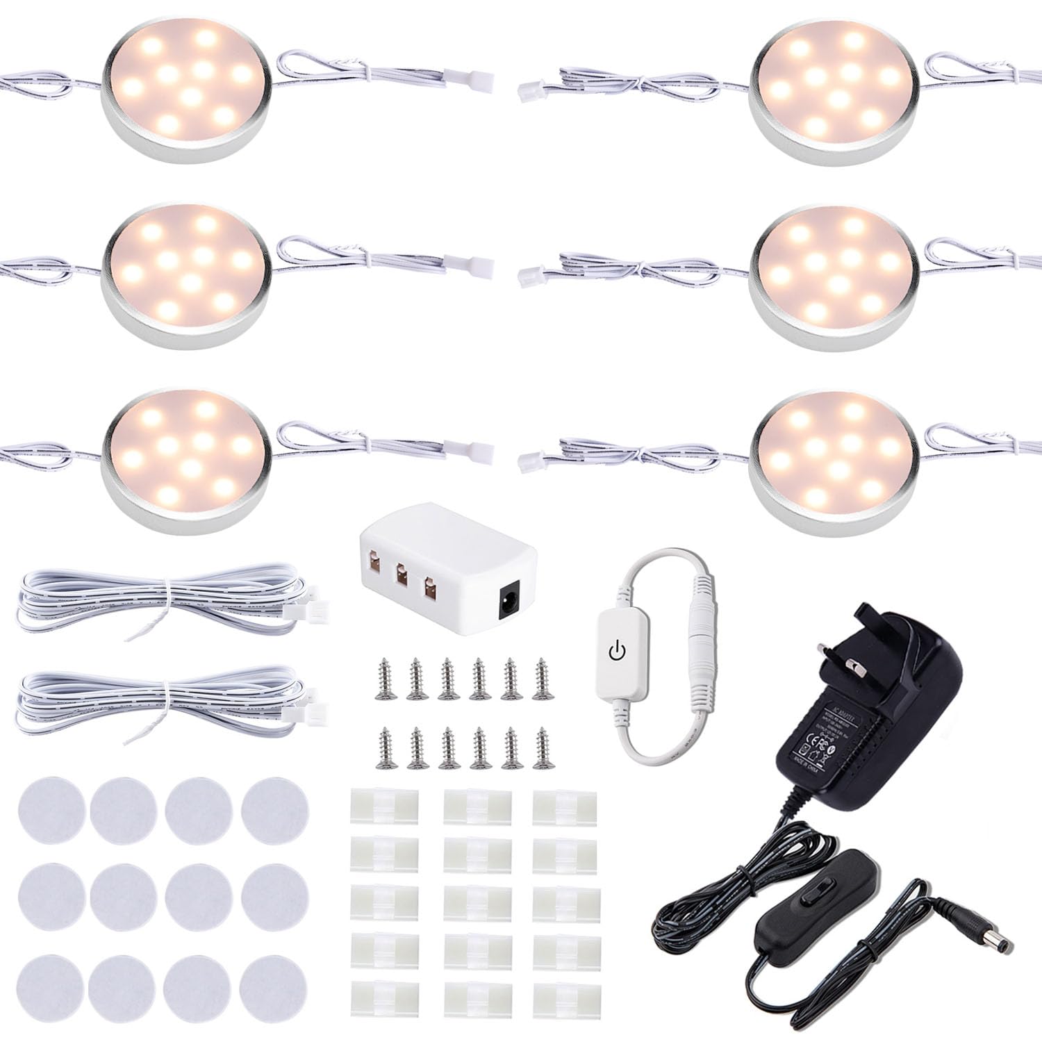 LABOREDUCER Under Cabinet Lights with Touch Dimmer,6 Pack LED Wired Puck Lights Mains Powered,Kitchen Under Counter Lighting Fixture,12V Under Cupboard Lighting for Curio Bookcase Shelf Warm White