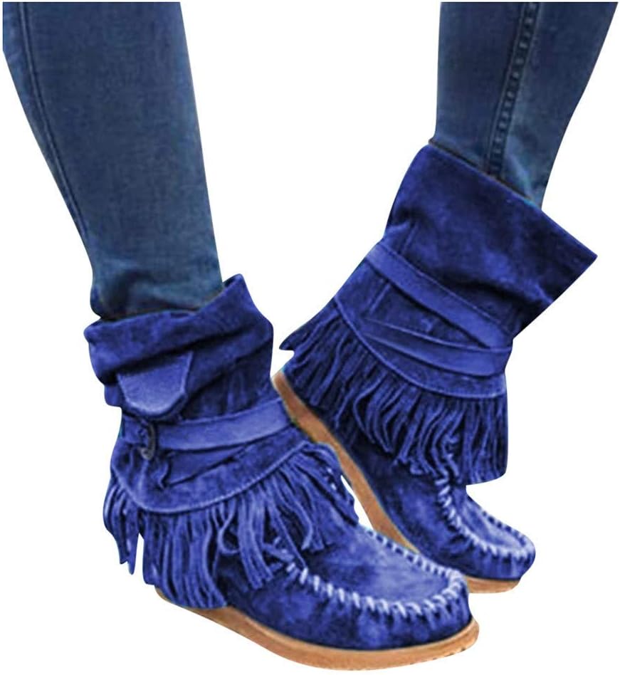 Toimothcn Womens Cowboy Bootie Round Toe Low Heel Faux Suede Western Fringe Mid-Calf Boot Shoes
