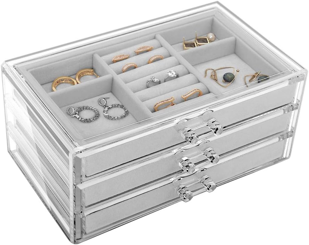 Emibele Jewelry Box, 3 Drawers Velvet Jewelry Organizer for Ring