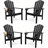 THOEOE Stackable Adirondack Chair Set of 4, HDPE Fire Pit Chairs Set of 4 | All-Weather Plastic Outdoor Chairs, with Cup Holder, Wide Seat, Durable and Space Saving, for Deck, Backyard, Lawn, Black