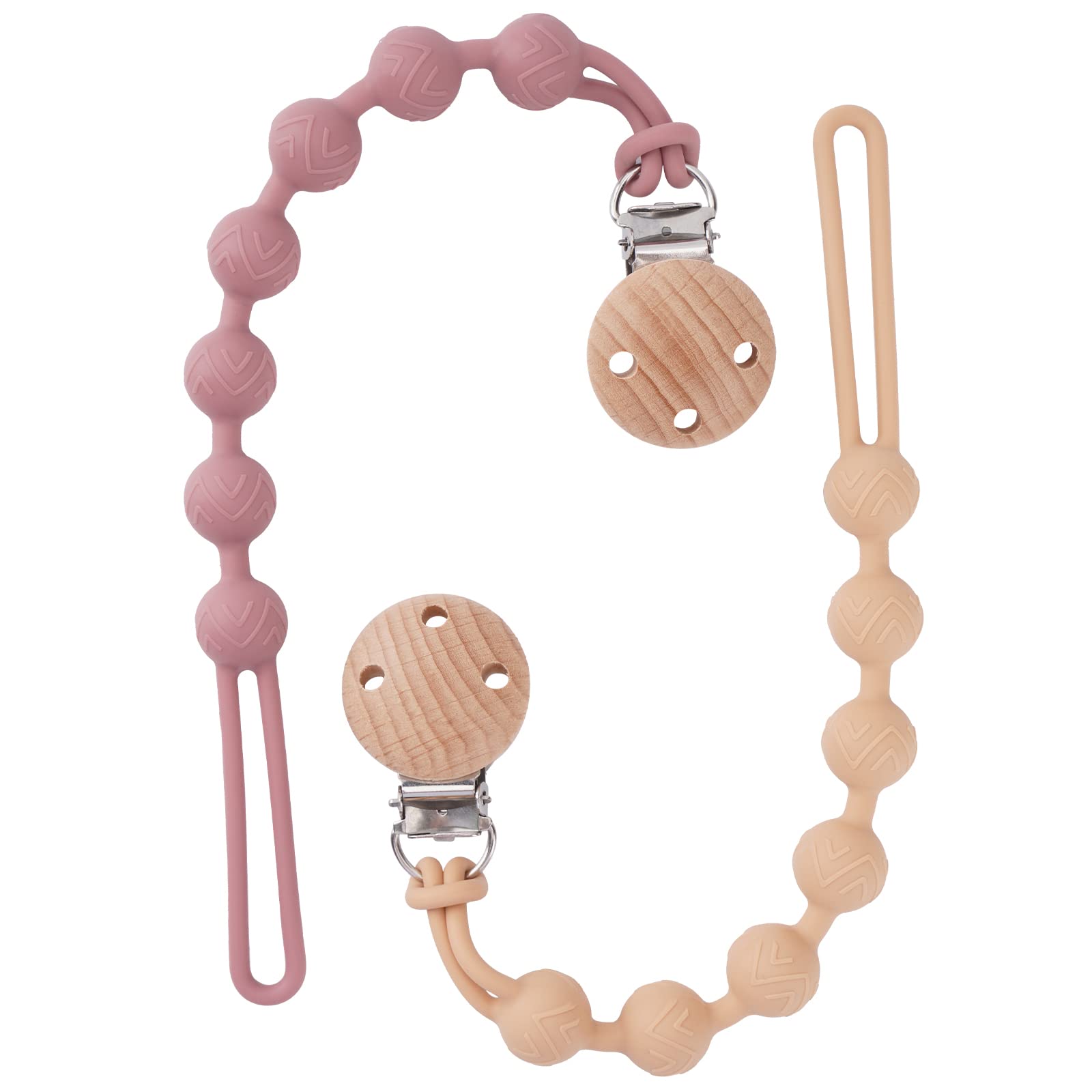 Silicone Dummy Clip for Baby Boys and Girls, One Piece Pacifier Clips, Wooden Soother Clips Design, Fits Most Pacifiers and Teething Toys, 2 Pack (Apricot+Powder Rose)