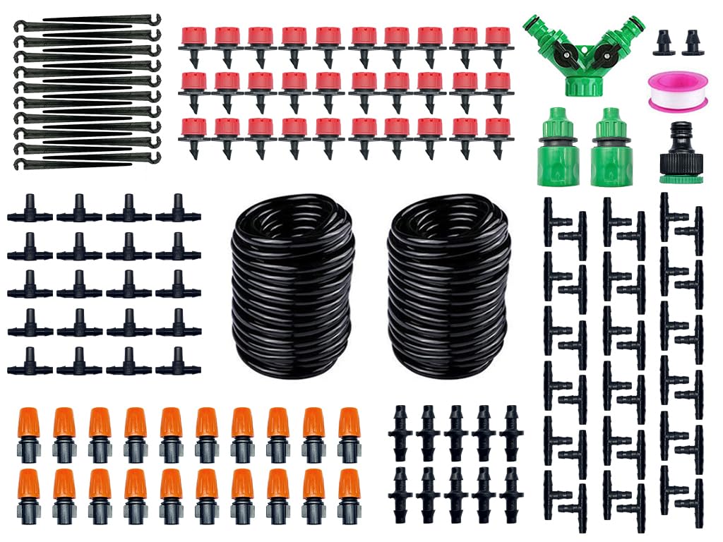 Hitopin 30M Micro Drip Irrigation Kit, Greenhouse Plant Watering Hose, Misting Cooling System, Garden Drip Irrigation System, Auto Drip Irrigation Kit for Garden, Greenhouse, Lawn, Plants, Patio