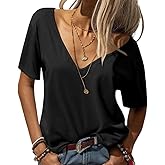 Eachyes Womens Deep V Neck T Shirts Casual Short Sleeve Loose Fit Basic Fashion Tee Tops