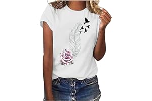 ANUYALUE Casual Tops for Women,Lady Feather Print Tee Short Sleeves Blouses Crewneck Casual Shirts Spring Tees