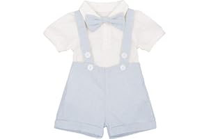 IDOPIP Baby Boys Formal Suit Set Short Sleeve Romper Suspenders Shorts Pants Bowtie Wedding Tuxedo Outfits Cake Smash Clothes