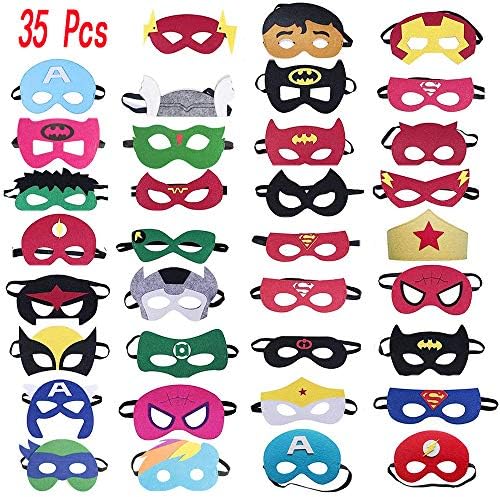 BEYOND MS 35 Piece Superheroes Party Masks for Children Party Masquerade Birthdays, Halloween, Cosplay, Party Bag Filler Etc, Felt Mask With Adjustable Elastic Rope, For Ages 3-Plus