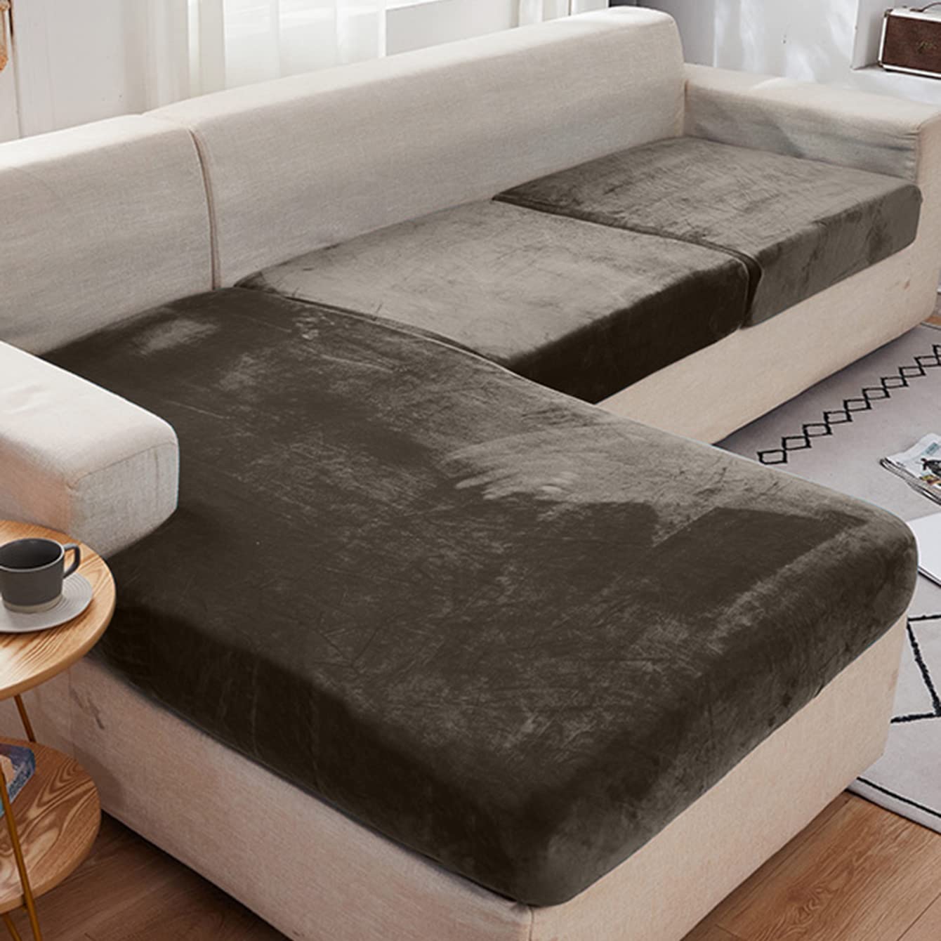 Rosnek Sofa Cushion Covers, Stretch Velvet Sofa Seat Cover for 1 Seater, Universal Non-Slip Elastic Couch Slipcovers Replacement, Stretch Home Furniture Protector with Elastic Bottom, 1PCS, Khaki