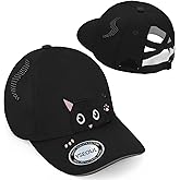 Girls Criss Cross Ponytail Hat - Black Cat Baseball Cap for Kids Age 7-15 - Adjustable Quick Dry Sun Hat for Cat Lover Gifts