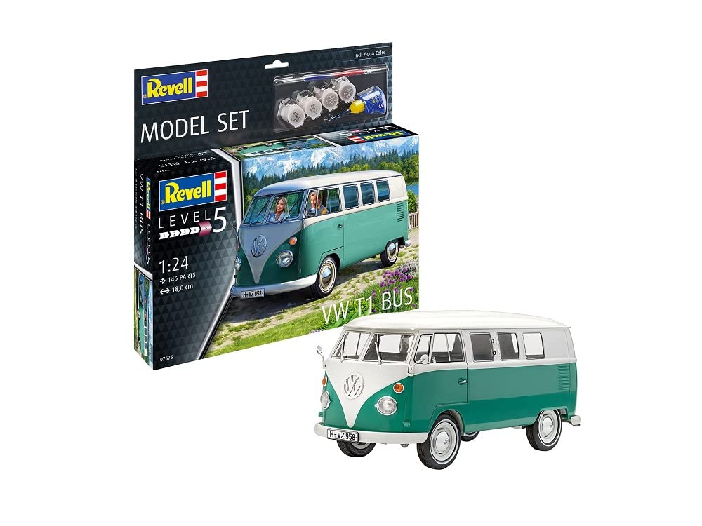 Revell Model Set 67675 VW T1 Bus 1:24 Scale Unbuilt/Unpainted Plastic Model Kit with Contacta Professional Glue, Paintbrush & Selected Aqua Color Paints
