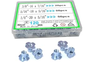 T Nuts 1/4"-20,5/16"-18, 3/8"-16,Hincell 120pcs Zinc Plated Steel T-Nut 4 Pronged Tee Blind Nuts Assortment Kit for Wood, Rock Climbing Holds, Cabinetry, Furniture,etc.