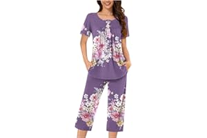 bawilom Pajama Set for Women Short Sleeve Sleepwear Floral Print Tops Capri Pants 2 Piece Lounge Sets Button V Neck Pjs Sets
