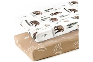 GRSSDER Stretch Ultra Soft Jersey Knit Changing Pad Covers Set 2 Pack, Change Table Pad Covers Fit 32"/34" x 16" Pads Safe and Snug, Jungle Bear/Rainbow for Baby