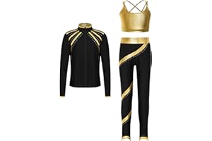 Kaerm Kids Girls Figure Ice Skating Outfits Long Sleeve Skating Jacket with Dance Crop Tops And Leggings Set