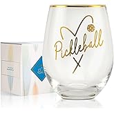 Onebttl Pickleball Gifts for Women, Pickleball Lover Glass, 17 oz Stemless Wine Glass with Foil Stamping Pattern