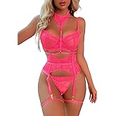 Kaei&Shi Garter Lingerie Set for Women, Sexy Floral Lace, Strappy High Waisted Hide Belly, 4 Piece with Exotic Choker Belt
