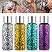 Body Glitter Gel Set 4 Colors Sequins Chunky Colorful Eyeshadow Glitter Holographic Body Gel for Festival Party Face Makeup Hair Eye Lips Shimmer Gold,Silver,Purple,Green