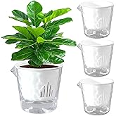 Qimodo 4 Inch Glacier-Textured Self Watering Garden Pots,4 Pack Clear Plastic Planters with Water Filling Spout,Flowerpot with Inner Pot for Indoor Plants,African Violets,Herbs,Succulents (White)