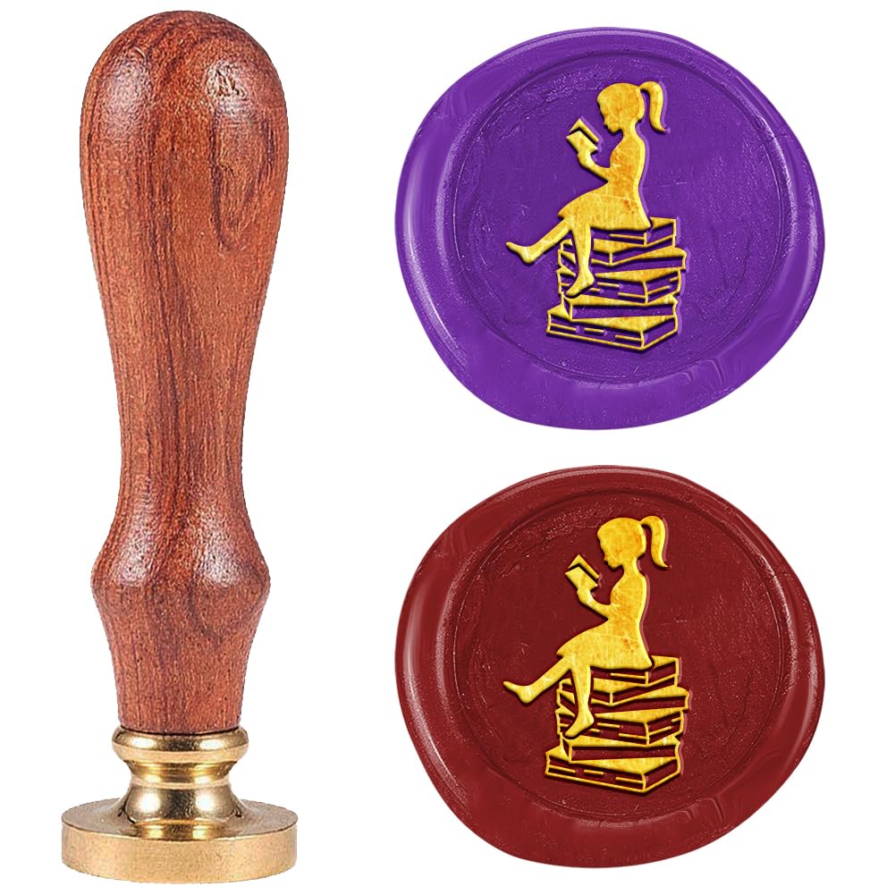 DELORIGIN Brass Wax Seal Stamp 25mm Reading Books Pattern, Removable Brass Sealing Stamp Head With Wooden Handle, Perfect for Gift Wrap, Envelopes, Greeting Cards Decoration