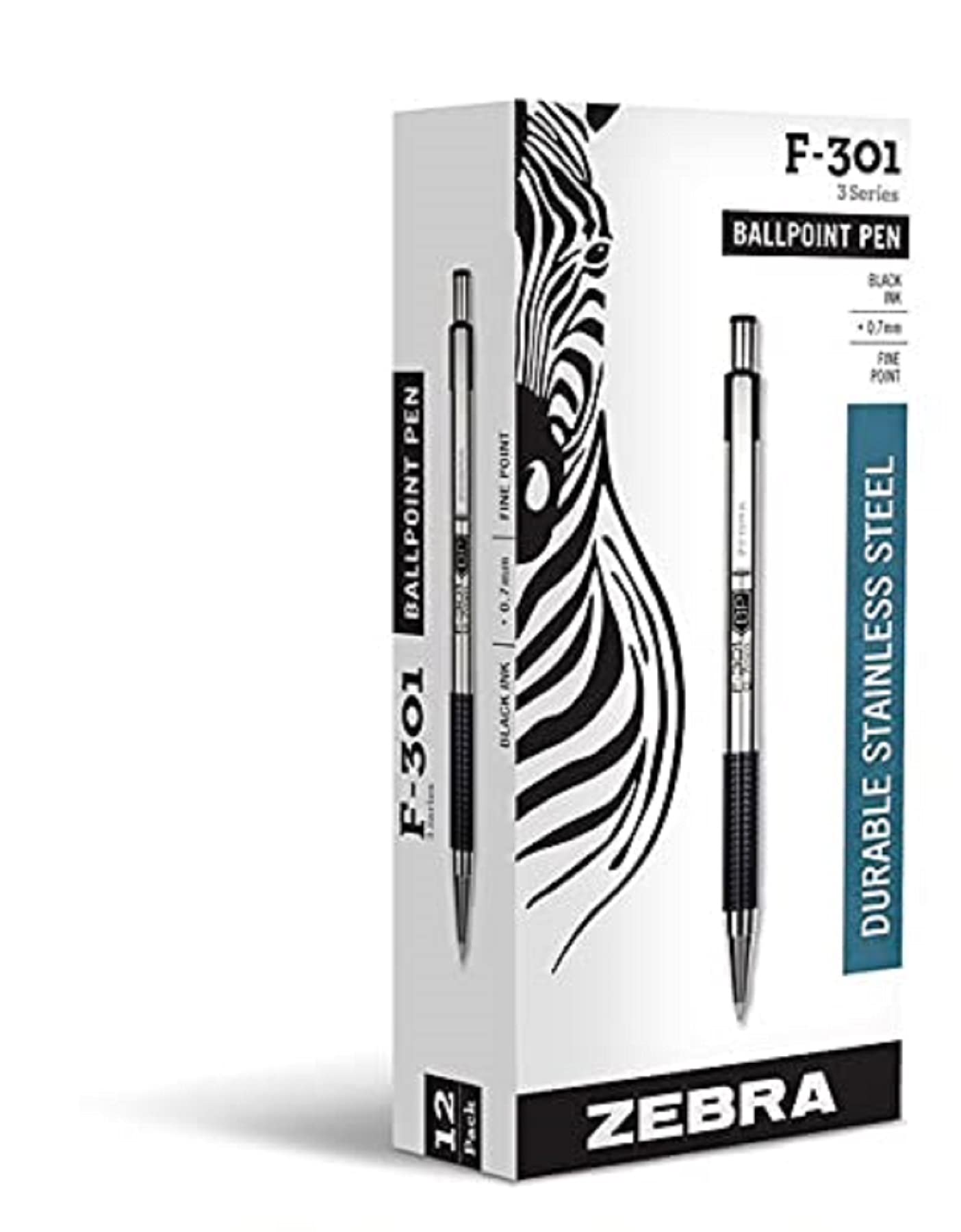 ZEBRA Pen F-301 Black Ballpoint Pens, Ultra Stylish Stainless Steel Black Biro Pens, Retractable Ballpoint Pens, Black Ink, Premium Zebra Pens Multipack for Everyday Use - Medium Point, 12pk