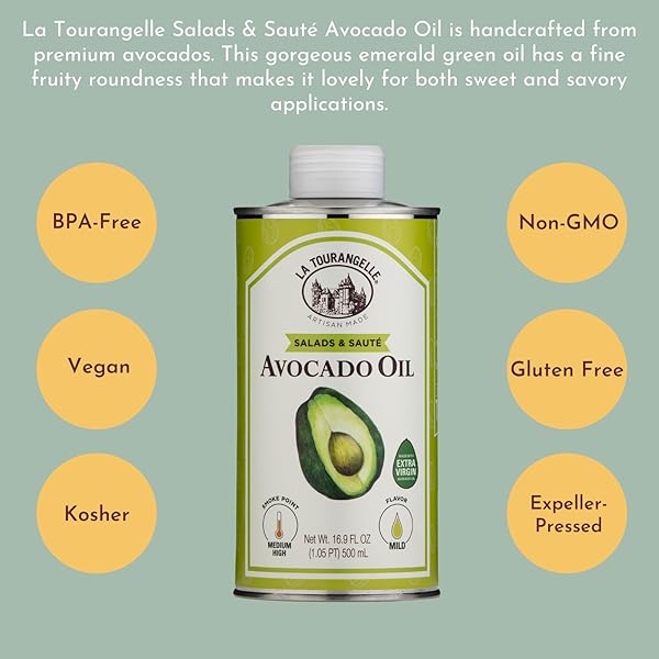 LA TOURANGELLE AVOCADO OIL 16.9 FL OZ, ALL-NATURAL, ARTISANAL, GREAT FOR SALADS, FRUIT, FISH OR VEGETABLES, BUTTERY FLAVOR