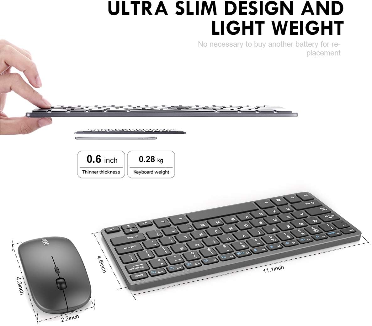 Wireless Keyboard and Mouse Combo, Inphic Rechargeable Wireless Mouse and Keyboard Combo Set with 2.4GHz USB Nano, Silent Click (65% Size-Gray): Computers & Accessories