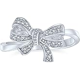 Personalize Romantic Holiday Party Bridal Cubic Zirconia Pave CZ Vintage Victorian Style Ribbon Band Bow Ring for Women Teen .925 Sterling Silver Customizable Jewelry