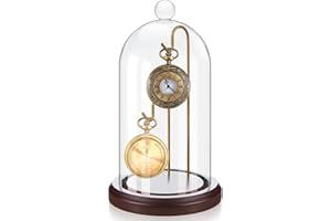 Beeveer 4 x 7 Inch Pocket Watch Glass Display Dome Cloche with 2 Hooks Clear Pocket Watch Display Case Stand Glass Cloche Showcase with Wood Base for Ornaments Medal Collectibles(Walnut and Gold)