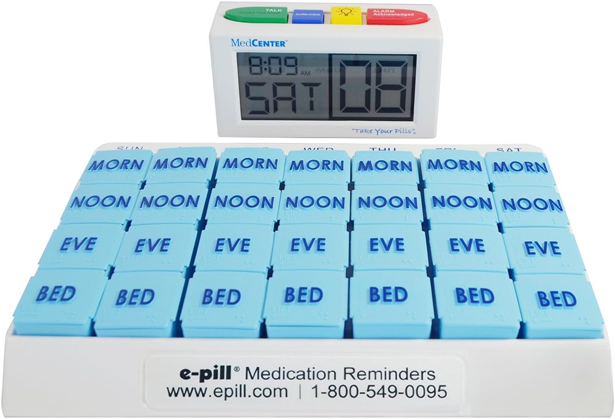 e-Pill 4 Alarm MedCenter Talk with 7 Day x 4 Compartments per Day Weekly Pill Organizer - Large: Health & Personal Care