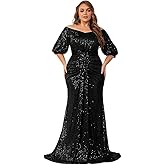 Women's Plus Size Off Shoulder Puff Sleeve Sequin Formal Maxi Dress Evening Party Gowns