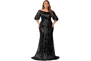 GIFFNISETI Women's Plus Size Off Shoulder Puff Sleeve Sequin Formal Maxi Dress Evening Party Gowns