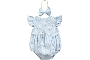 Newborn Baby Girl Bubble Romper Summer Clothes Solid Color Flying Sleeve Jumpsuit Bodysuit Headband Infant Outfit
