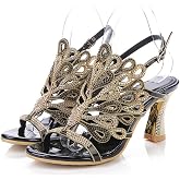Unicrystal Women's Rhinestone Peacock Patterned Handmade Sandals with Chunky Heel
