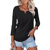 TICTICMISS Women's 3/4 Length Sleeve Tops Square V Notched Neck Shirts Casual Summer Blouses