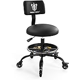 Rolling Shop Stool with Wheels, Garage Mechanic Stool Chair with Backrest, Height Adjustable Heavy Duty Swivel Task Chair, Adjustable Footrest with Storage Tray for Garage Kitchen Salon Tattoo (Black)