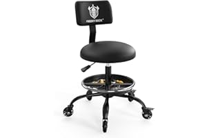 FREEKYROCK Rolling Shop Stool with Wheels, Garage Mechanic Stool Chair with Backrest, Height Adjustable Heavy Duty Swivel Task Chair, Adjustable Footrest with Storage Tray for Garage Kitchen Salon Tattoo (Black)