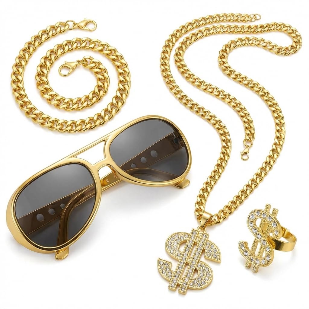 4 Pcs Hip Hop Costume Accessories Set, Shiny Fake Gold Chain, Bracelet, Dollar Sign Ring and Rapper Glasses, 80s 90s Old School Rapper Outfits for Men Women, Carnival and Disco Party Decorations